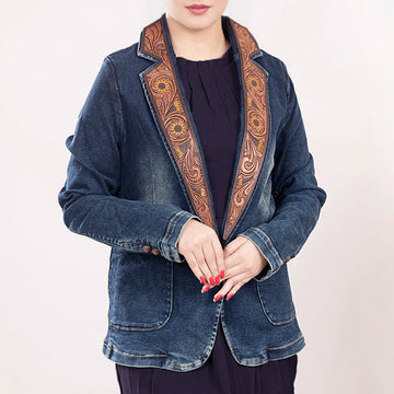 ADBZ021 Genuine leather Hand tooled hand carved Women 100% cotton Denim Blazer dress jacket ladies Girl